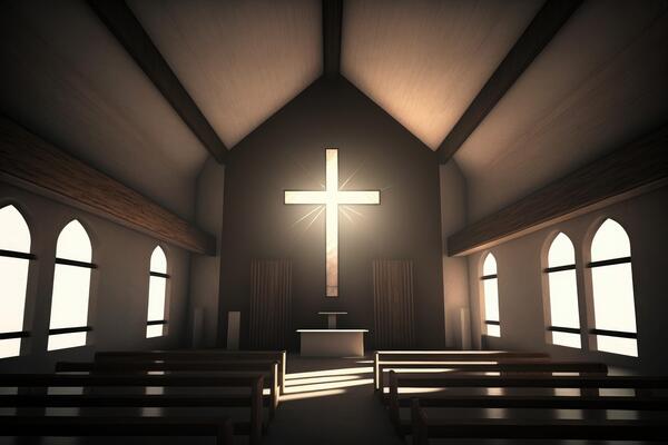 ai generated christian church with a religious cross and aura light in the whole room photo