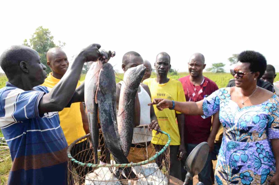 Minister Ado abying mud fish and cut fish at Pacoto landing site in Kateta sub county scaled 11zon