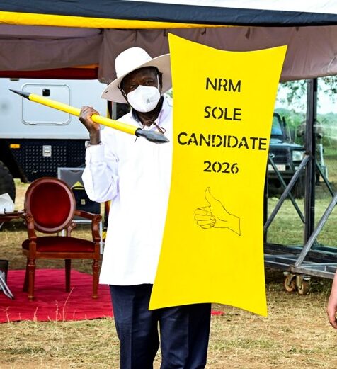 President Museveni displays a spear and shield after receiving them from Speaker of Parliament Anita Among during a rally at Bukedea Town Council grounds in Bukedea district on Saturday. PPU Photo e1726509953664