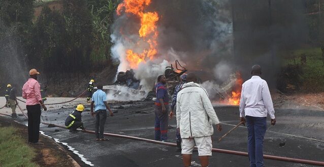 Police putting off fire Fuel Tanker Explodes In Kabale e1730012567609